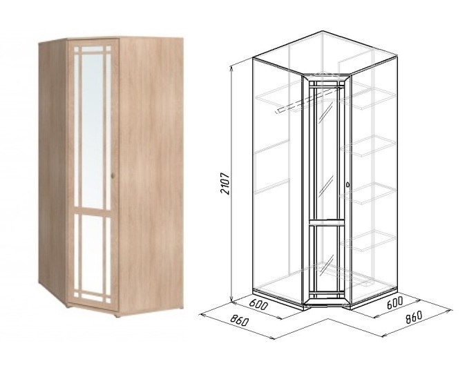 Шкаф угловой Фасад зеркало Sherlock 10, дуб сонома