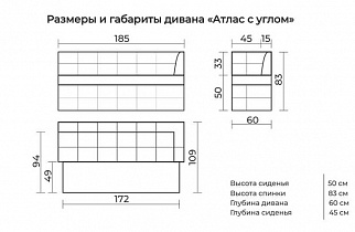 Кухонный диван Атлас с углом Седьмая карета схема с размерами