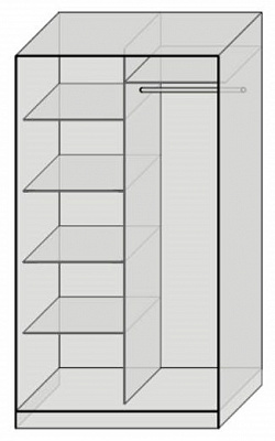 Наполнение: Бельевое 4 полки и платяное+полка под головные уборы и штанга для одежды (от 120 см шириной)
