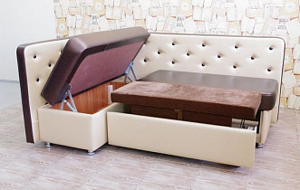 Кухонный угловой диван со спальным местом Престиж PLT (кожа Santorini 0429 темный-шоколад + Santorini 0415 светло-бежевый) в разложенном состоянии