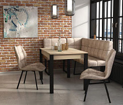 Модульный диван Реал Бител обивка велюр латте общий вид в интерьере со столом и стульями