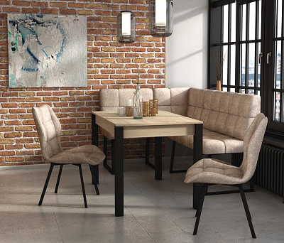 Модульный диван Реал Бител обивка велюр латте общий вид в интерьере со столом и стульями