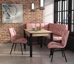 Модульный диван Реал Бител обивка велюр коралл общий вид в интерьере со столом и стульями