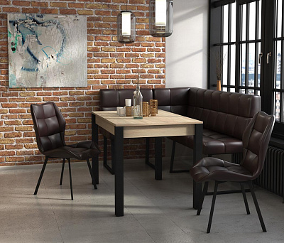 Модульный диван Реал Бител обивка экокожа барнео умбер общий вид в интерьере со столом и стульями